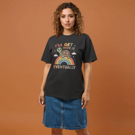 Oversized faded cotton t-shirt with 'I Will Get Over It Eventually' graphic, boxy fit, dropped shoulders, casual style