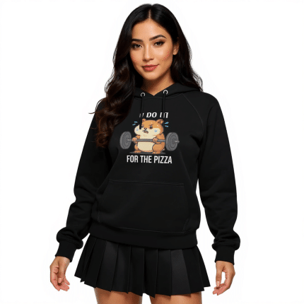Unisex eco raglan hoodie in charcoal melange with 'I Do It For The Pizza' print, organic cotton, brushed lining, regular fit.