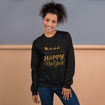 Gold "Happy Happy New Year" unisex sweatshirt with sleigh motif, classic fit, soft cotton-polyester blend