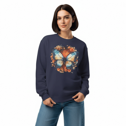 Premium heavyweight long sleeve shirt in white with colorful butterfly floral print, 100% carded cotton, relaxed fit, AS Colour