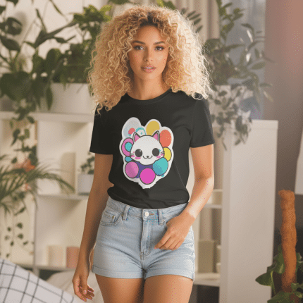 Whimsical short-sleeve unisex t-shirt with colorful Bubble Kitty print, soft ring-spun cotton, lightweight casual style by AS Colour.