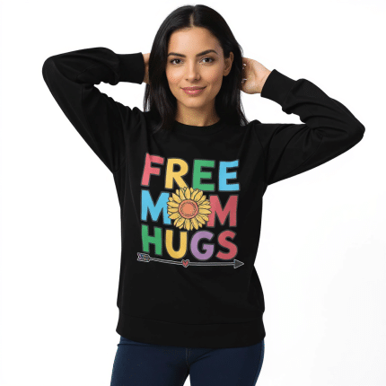 Black unisex organic cotton sweatshirt with rainbow "Free Mom Hugs" text and sunflower graphic, French terry knit, set-in sleeves, ribbed collar.